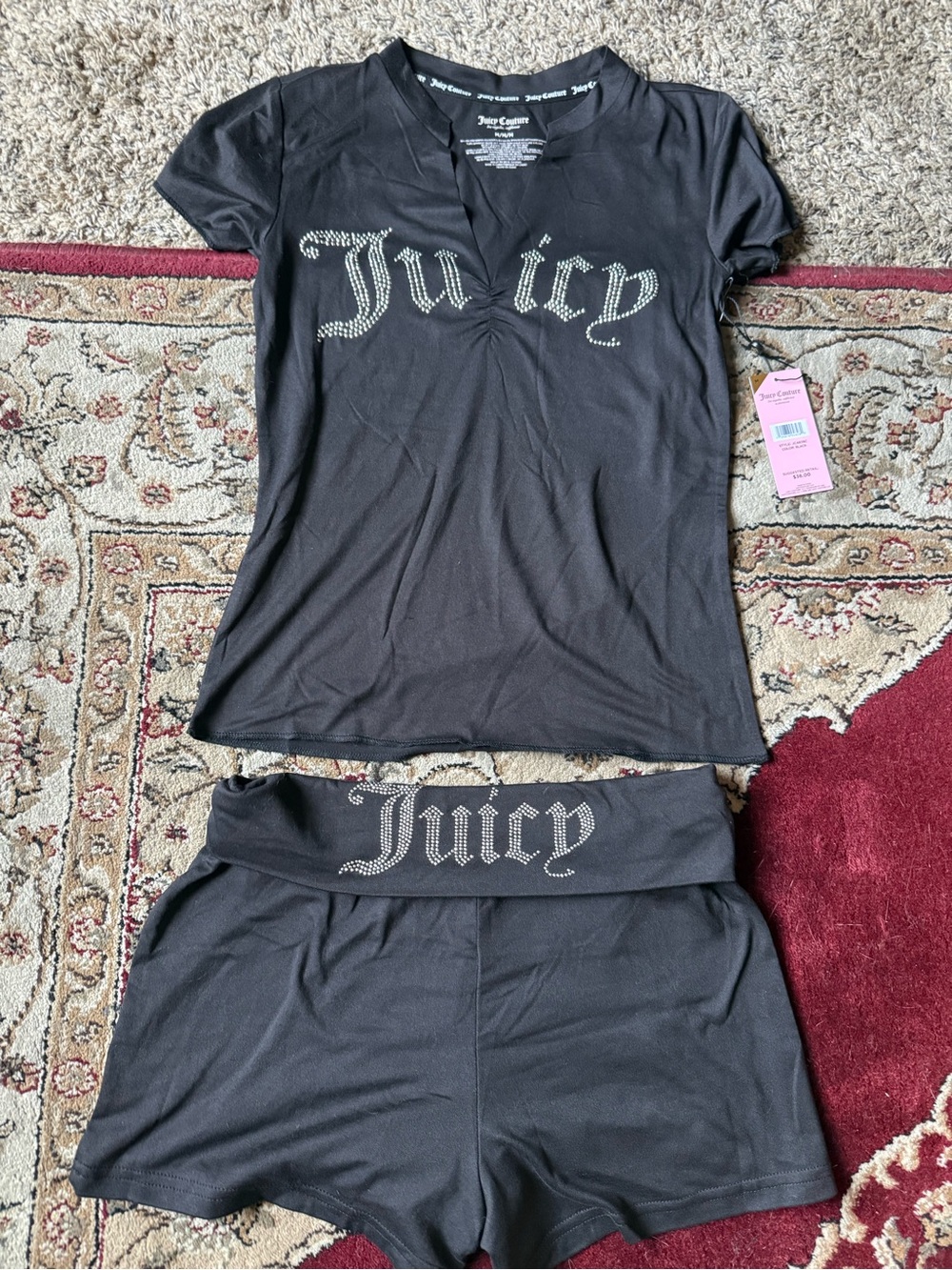 Juicy Couture Black Rhinestone Logo Short Sleeve Top & Shorts Set